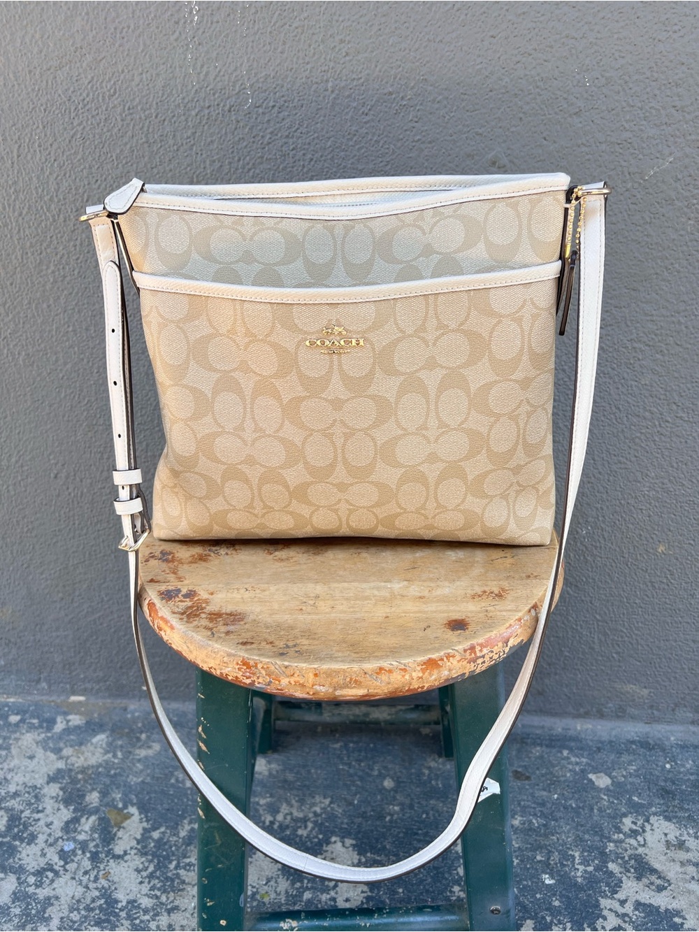 Coach Signature File Crossbody Bag Light Khaki & Tan 12" W x 10" T 24" Strap